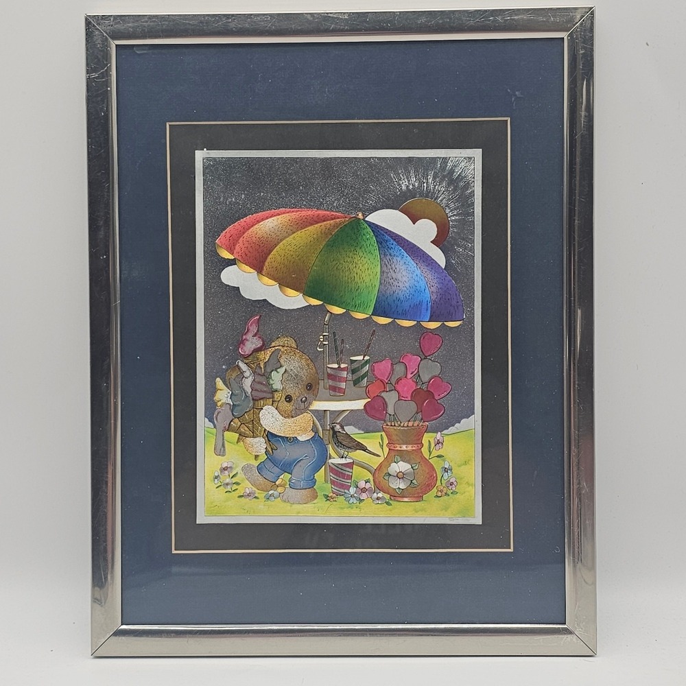 Framed Dufex Foil Art Print Teddy Bear Ice Cream Rainbow Umbrella Sun Retro